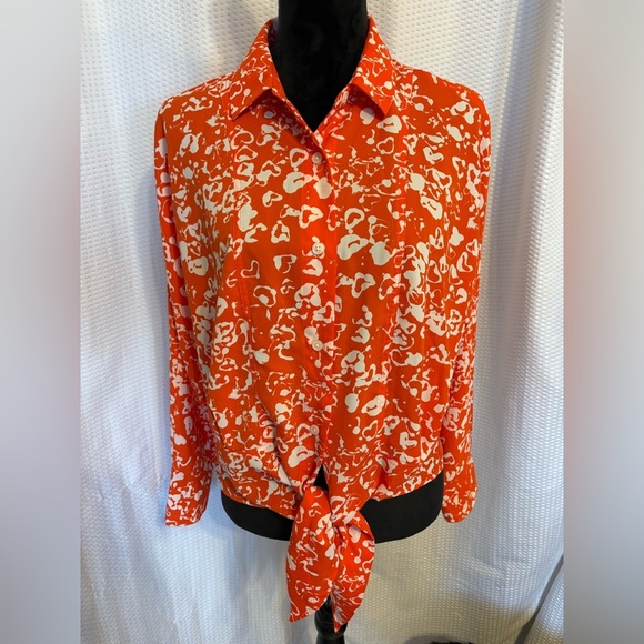 Nine West Orange & White print button down long sleeve blouse size medium - Picture 9 of 9